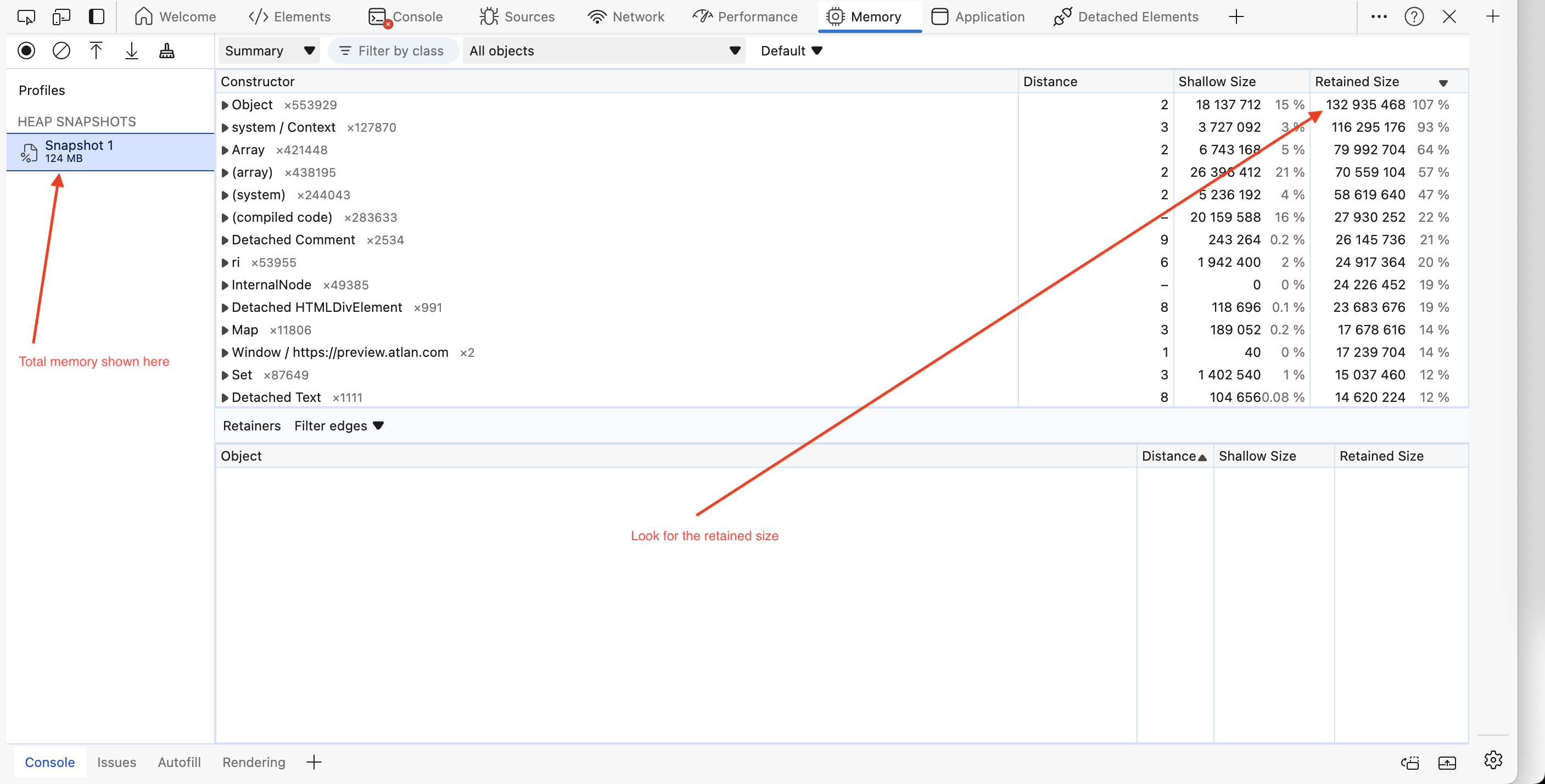 Heap snapshot report
